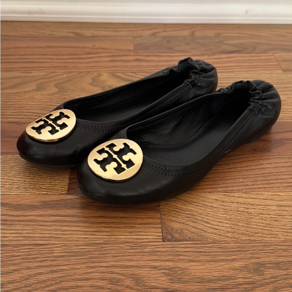 Tory Burch Black Flats with Gold Emblem